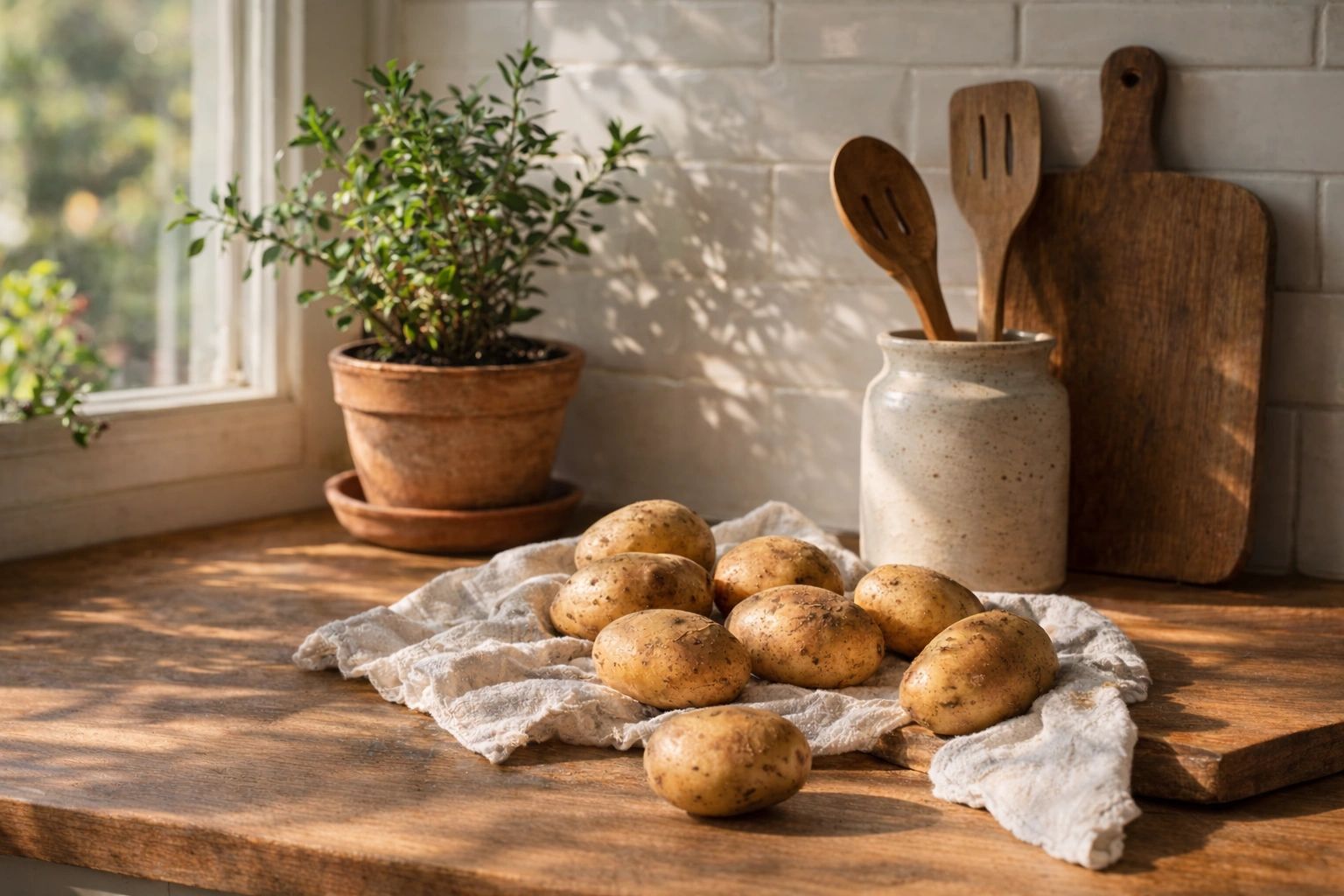 Potatoes on cloth in a warm kitchen setting.