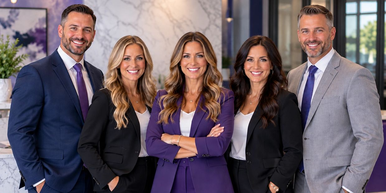 Five smiling professionals in business suits standing together in a modern office