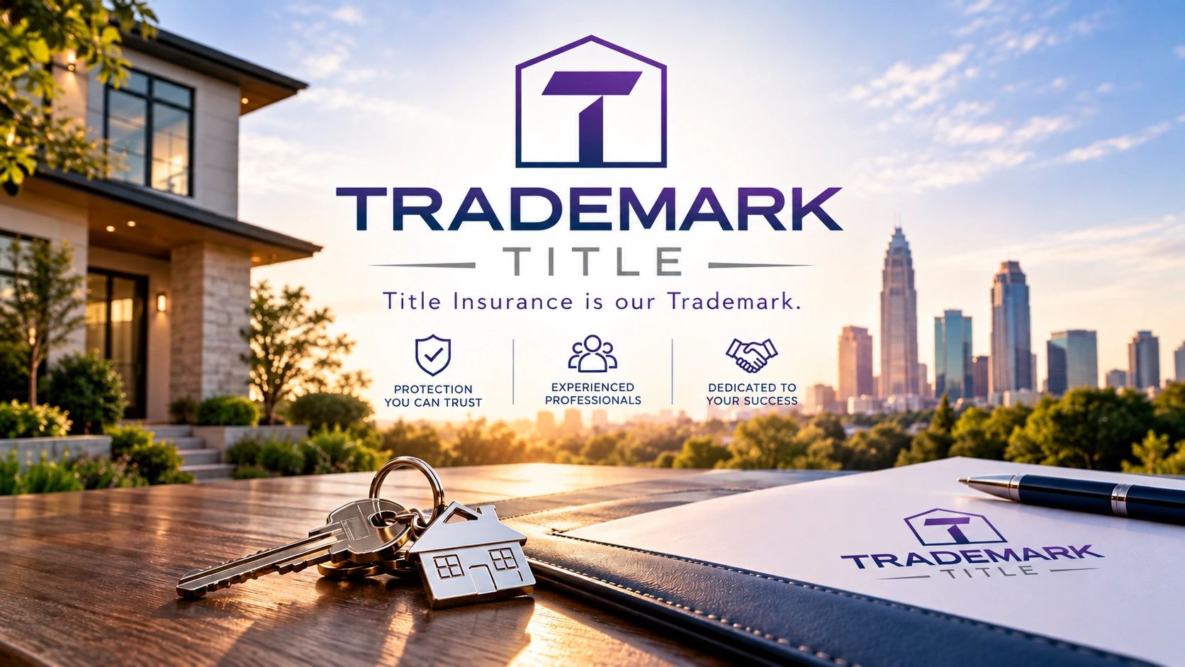 Trademark Title logo, "Title Insurance is our Trademark," over house keys, a folder and the Charlott