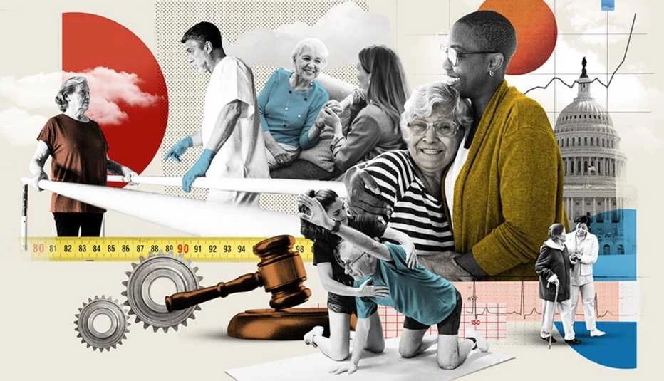 Collage showing diverse healthcare and support for elderly individuals with legal and medical elements.