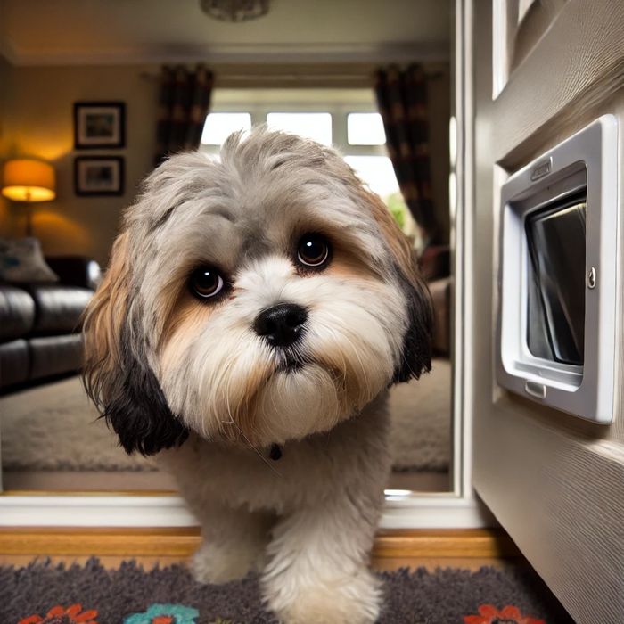 A mischievous Havanese Shih Tzu cross dog, Dexter, looking playful with a slightly guilty expression