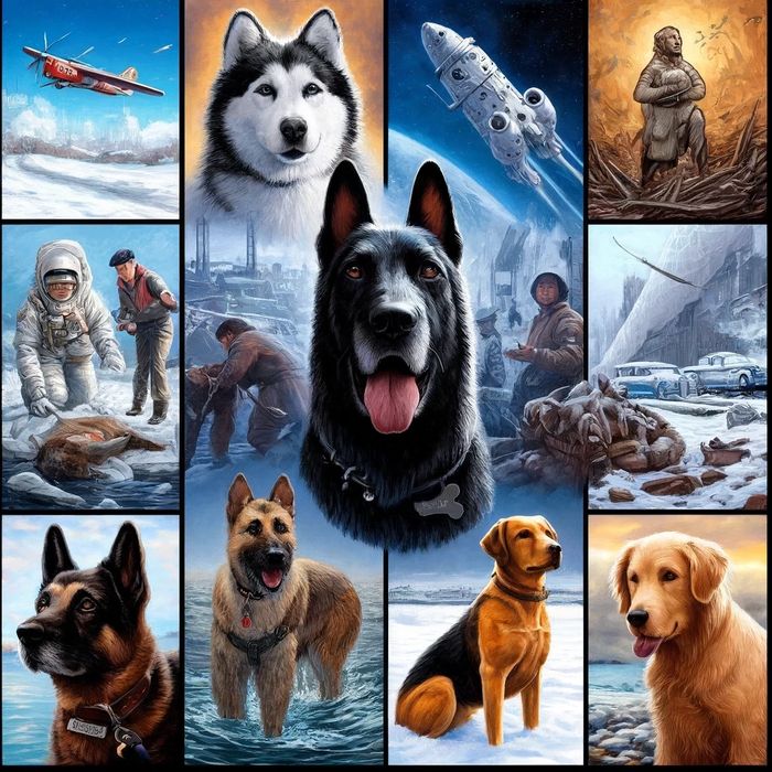 Collage image featuring heroic dogs, representing the diverse acts of heroism performed by these can