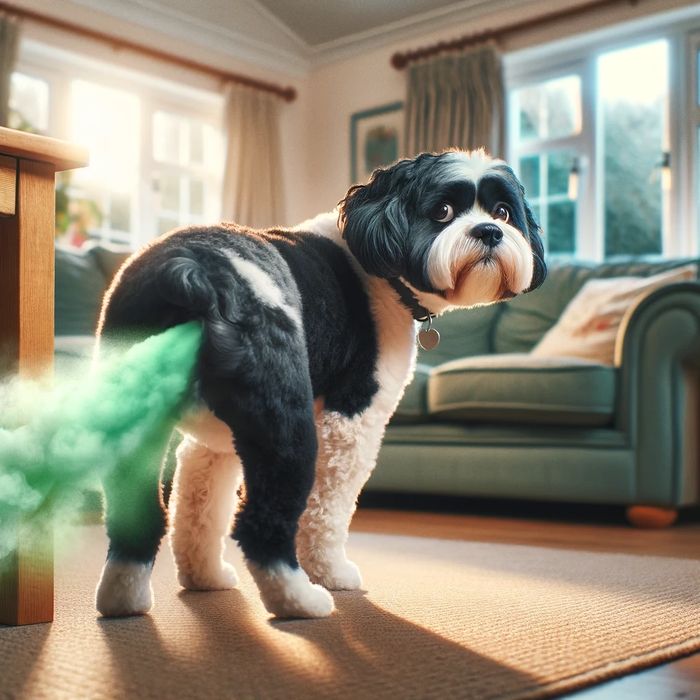 Black and white Bichon Shih Tzu cross farting loudly and showing green gas emitting from his anus.