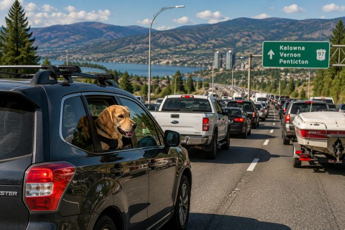 Dog riding safely in an SUV during busy May long weekend traffic near Kelowna.