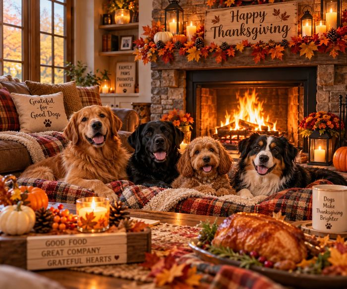 A cozy Thanksgiving living room featuring four happy dogs relaxing beside a glowing stone fireplace.