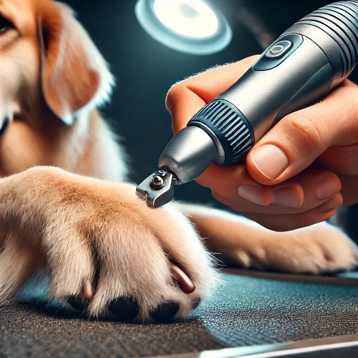 A close up image of a dog having his nails trimmed by a person using an electric nail trimmer.