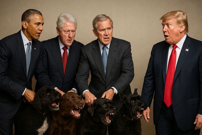 Presidents, Obama, Clinton, and Bush holding their dogs from attacking President Trump.
