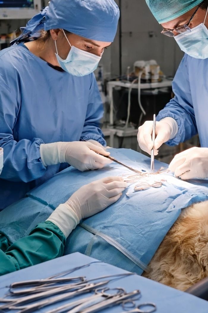 Pair of veterinarians performing surgery on a sedated Golden Retriever.