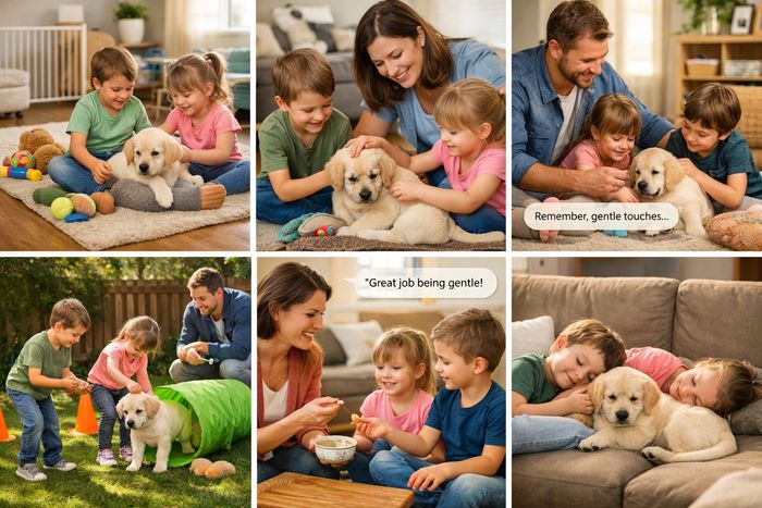 Collage of a family enjoying their new puppy in a number of environments.