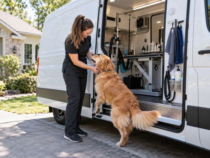 Mobile groomer greeting a golden retriever at the entrance to her mobile dog grooming  van.