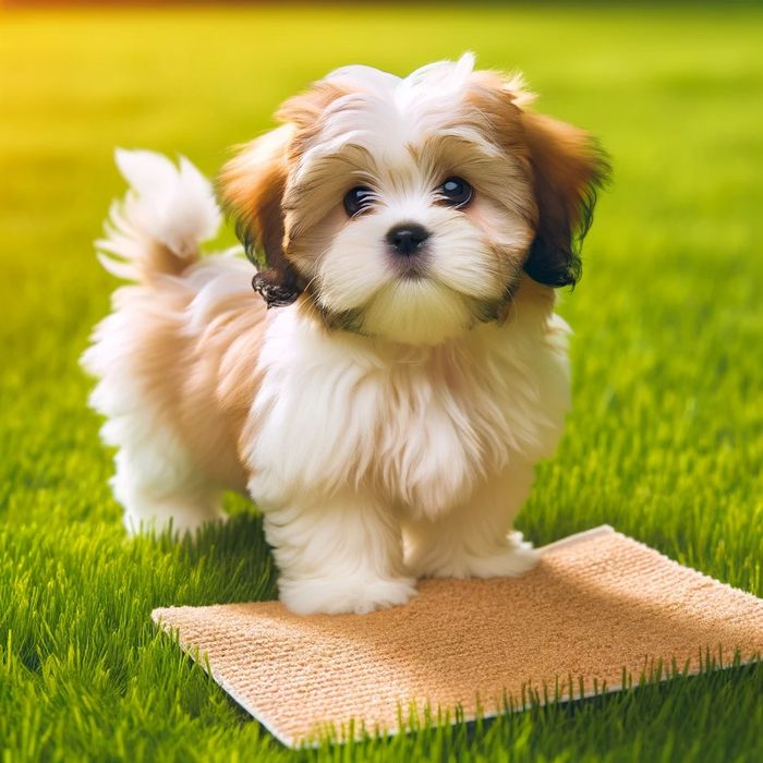 Shih Tzu /Javanese puppy standing beside and  partially on a dog training mat for house training.