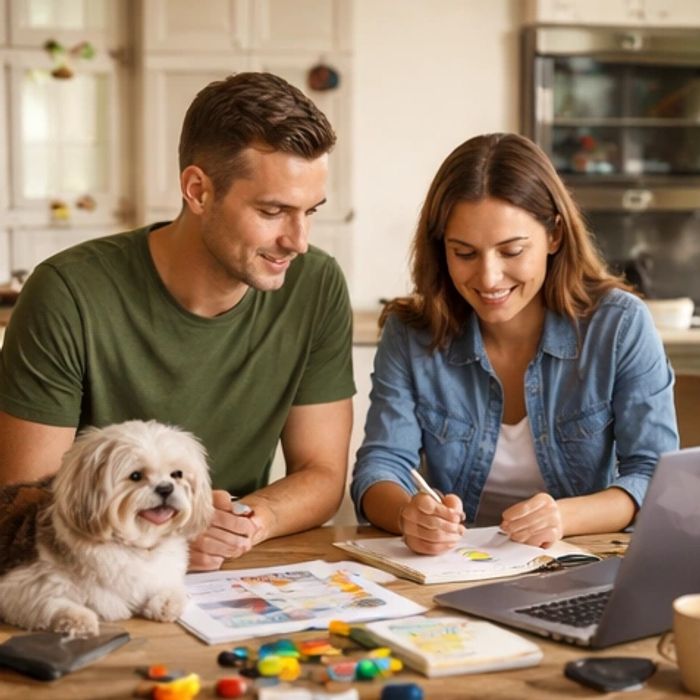 Couple planning a neighborhood dog daycare business at home with a small dog on the table.
