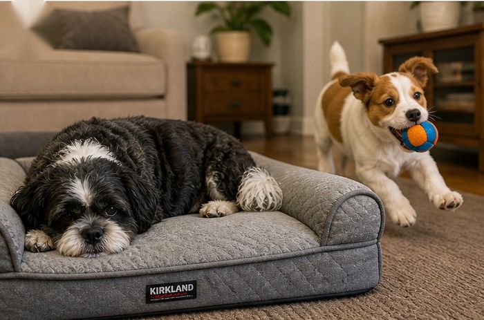 Senior black and white dog resting on an orthopedic bed while a younger energetic dog plays nearby.
