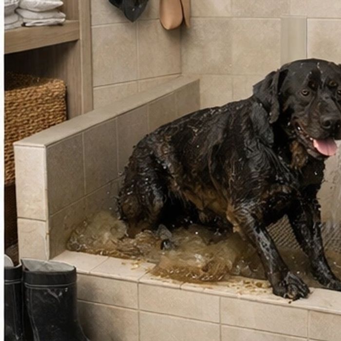 Dog being rinsed off in a built-in indoor dog washing station after outdoor activities