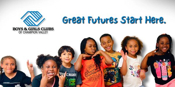 Happy kids posing with Boys &amp; Girls Clubs logo and slogan.