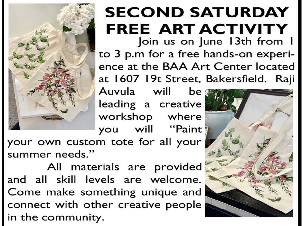 Free art workshop to paint custom tote bags on June 13th at BAA Art Center.