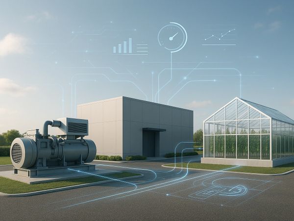 Modern agricultural setup with greenhouse and connected energy system.