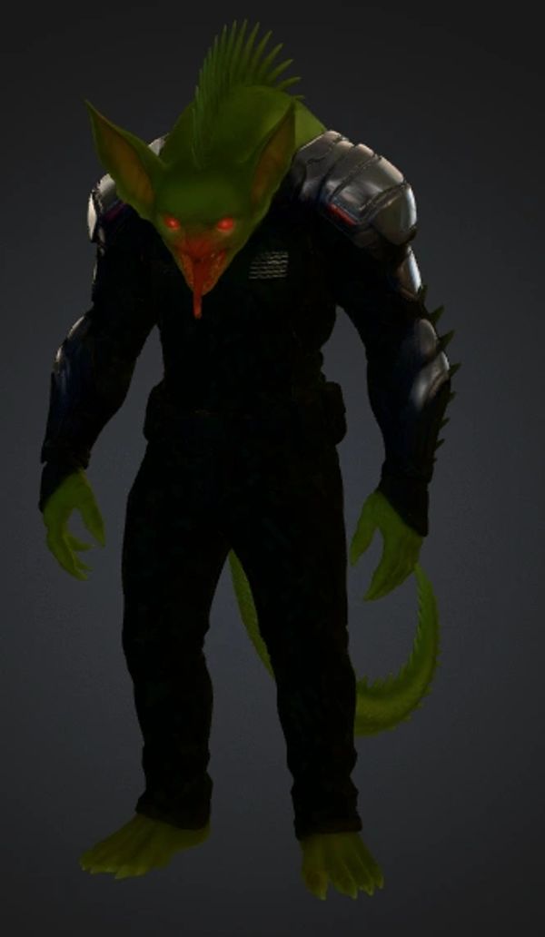 A humanoid creature with green skin, red eyes, and armor on its shoulders.