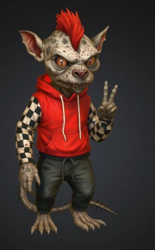 A quirky anthropomorphic creature with a red mohawk and casual clothes making a peace sign.