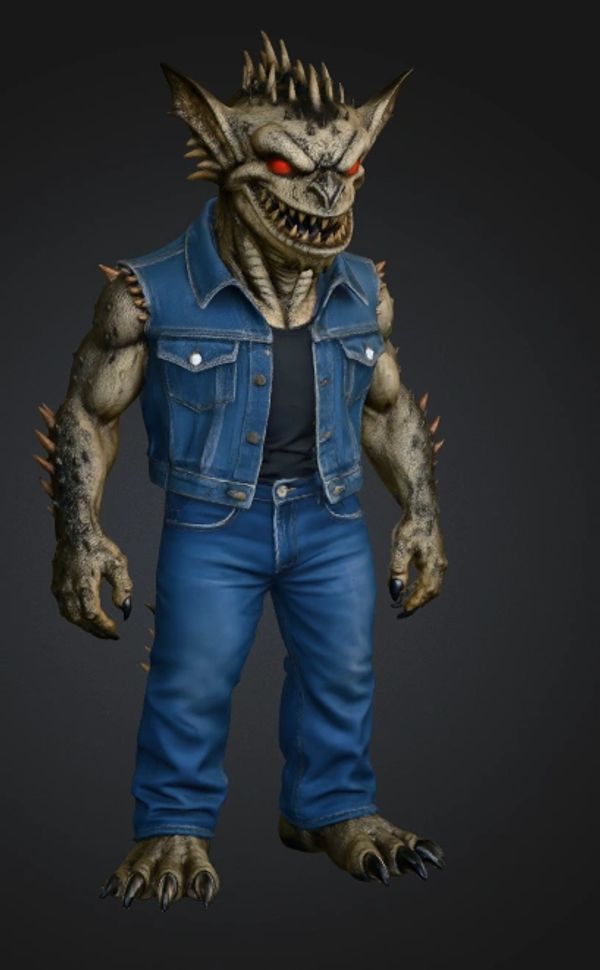Scary monster in denim vest and jeans.