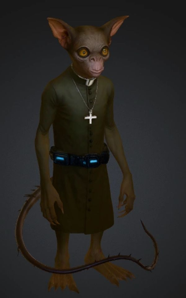 A humanoid creature with large ears and a cross necklace.