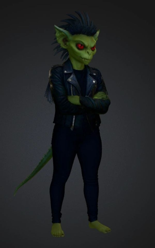 A green goblin with red eyes in a black leather jacket stands confidently.