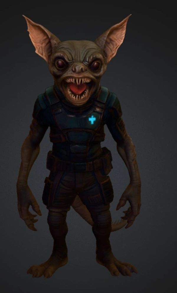 A menacing creature with large ears and sharp teeth in futuristic armor.