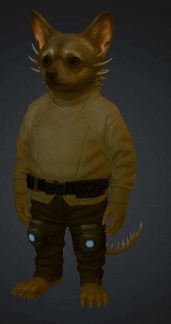 Anthropomorphic dog in futuristic outfit with glowing knee pads and tail spikes.