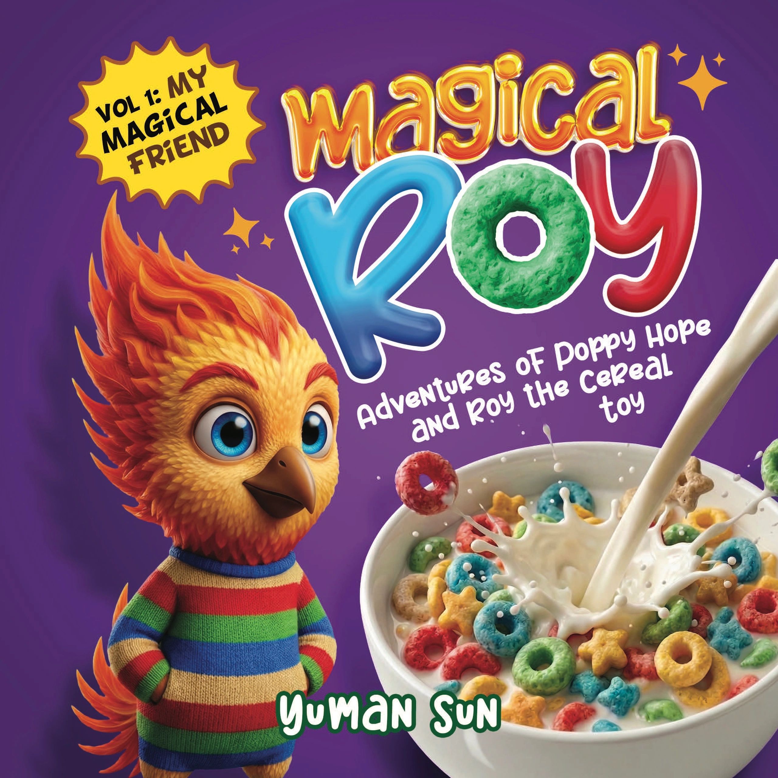 Colorful magical bird toy and cereal bowl splash on purple background.