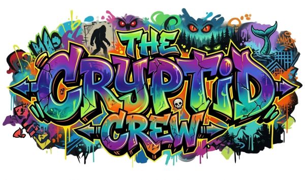 Colorful graffiti of 'The Cryptid Crew' with monster eyes and cryptid images.