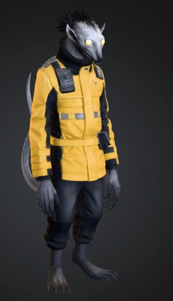 Anthropomorphic rat creature in a yellow jacket and black pants.