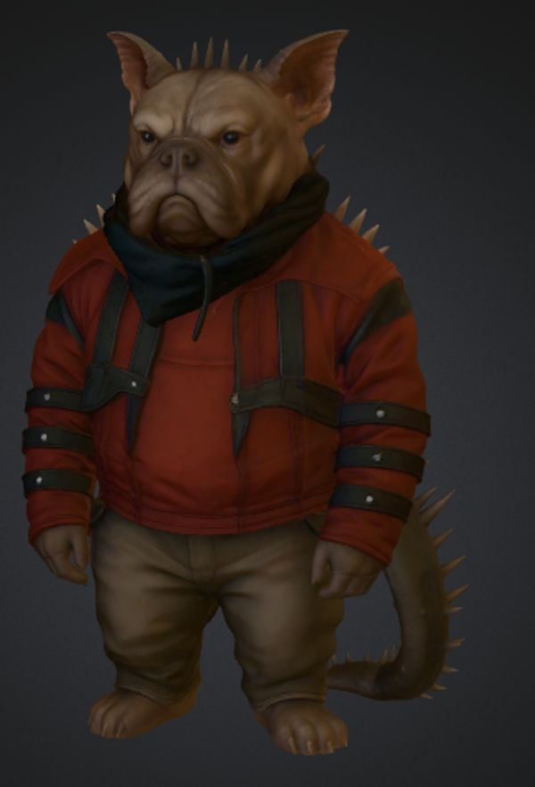 Anthropomorphic dog character in a red jacket with spikes and a tough expression.