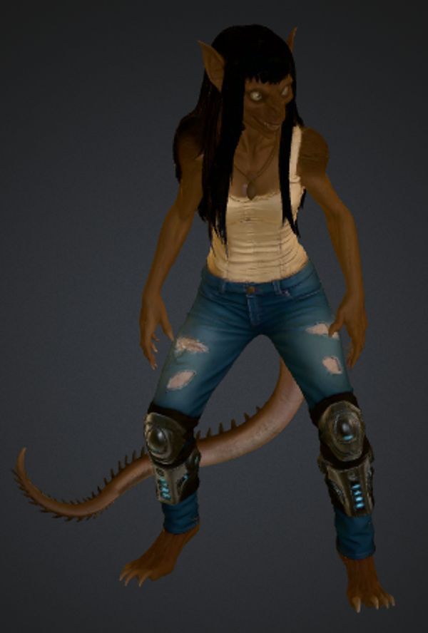 A humanoid reptilian creature with long hair, jeans, and knee pads.
