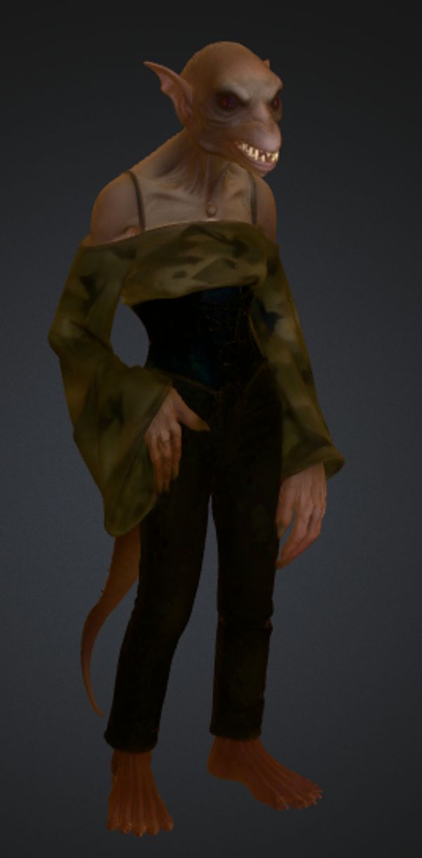 A goblin-like creature in stylish modern clothing stands against a dark background.
