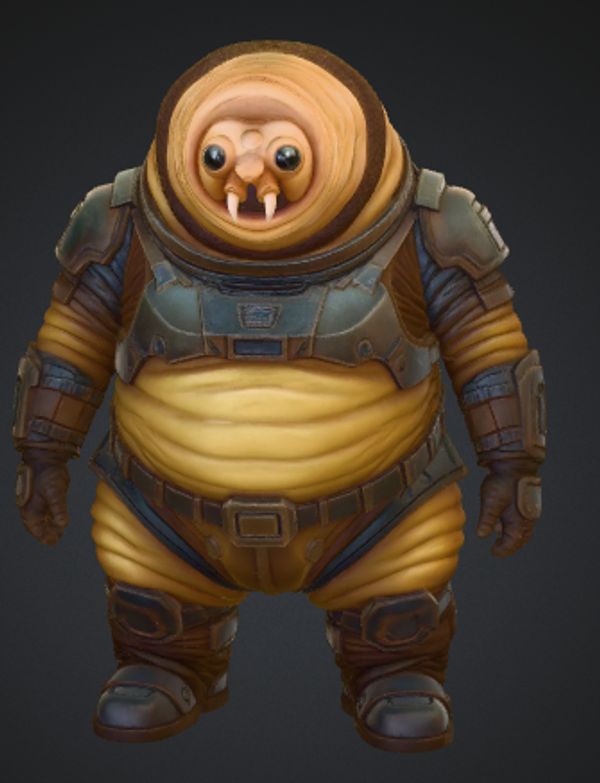 A chubby alien in a detailed space suit with a round, expressive face.