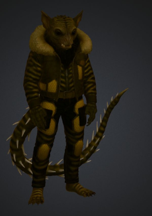 Anthropomorphic creature in a striped outfit with a furry collar and spiked tail.