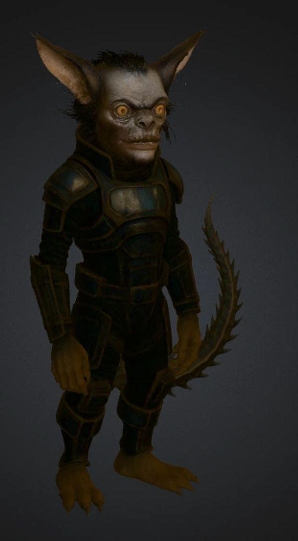 A goblin-like creature in dark armor holding a spiked tail weapon.