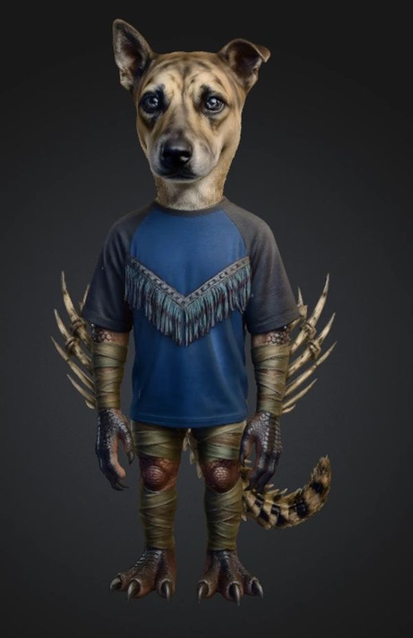 A humanoid character with a dog's head and bird-like limbs.