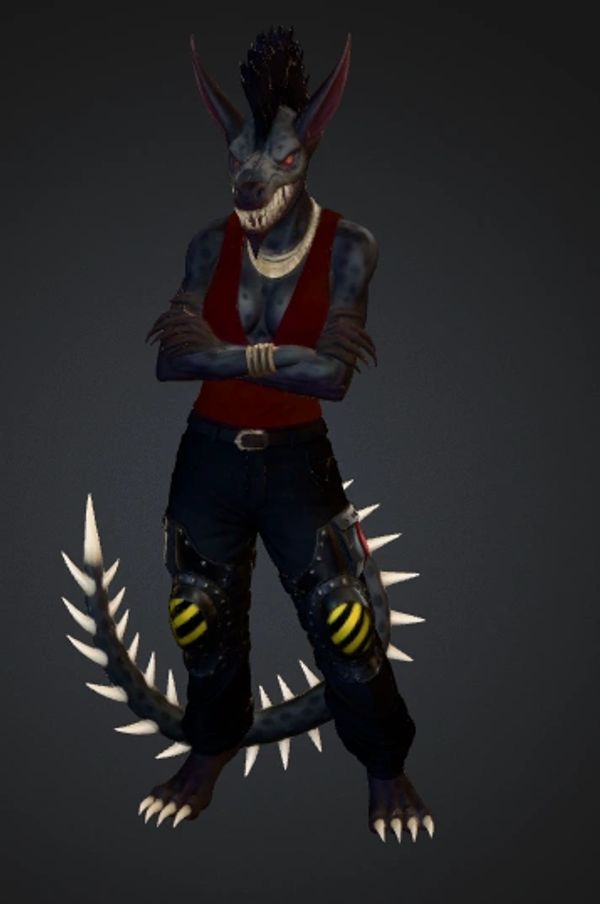 Anthropomorphic creature with spikes, mohawk, and red tank top.