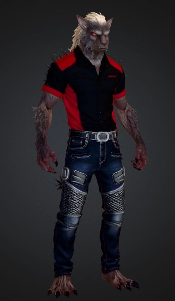 Anthropomorphic werewolf in modern clothing.
