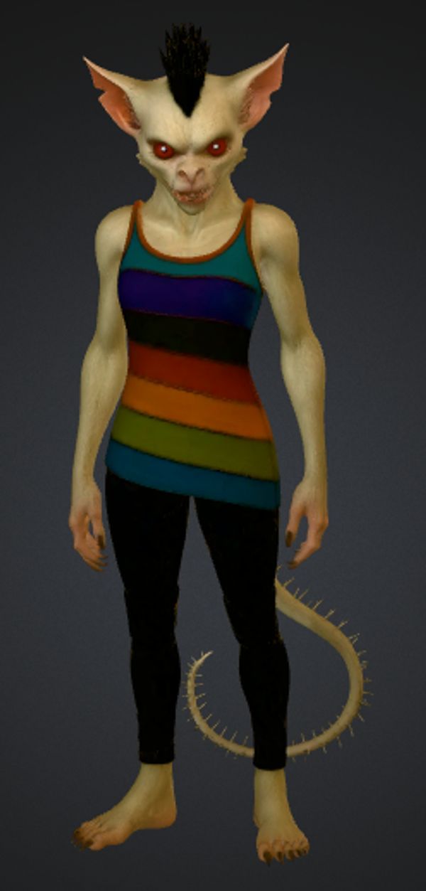 A humanoid creature with red eyes and mohawk wearing a rainbow-striped tank top.