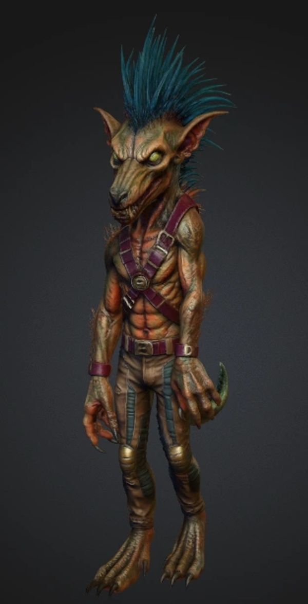 A humanoid creature with a blue mohawk and reptilian features.