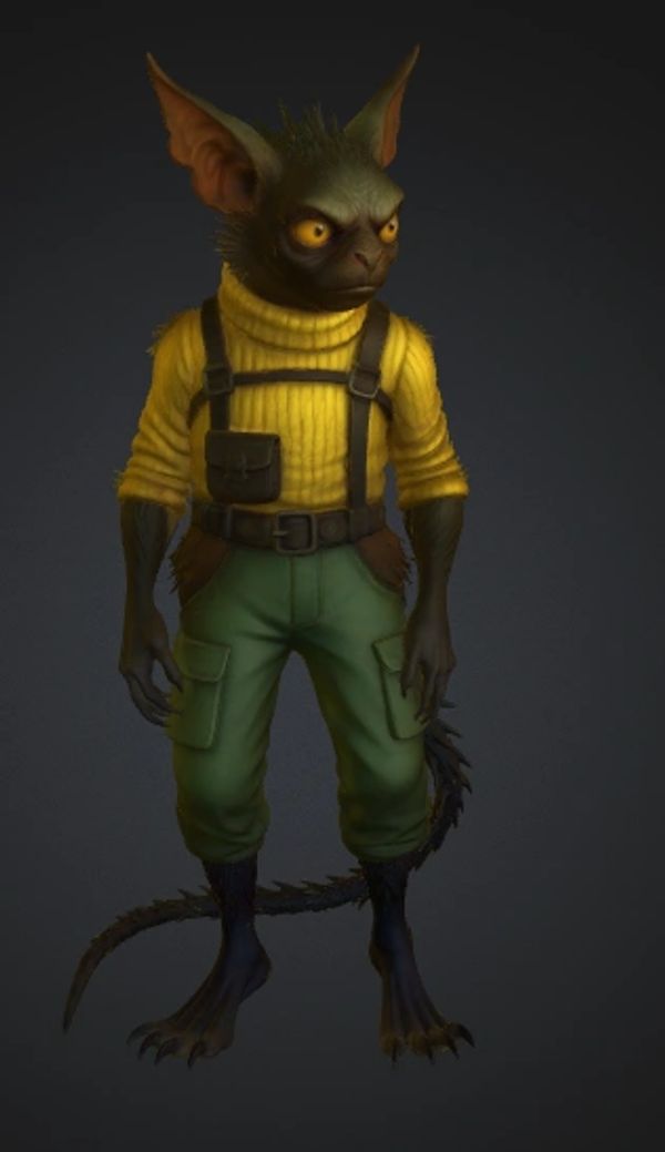 Anthropomorphic creature with yellow eyes in yellow sweater and green cargo pants.