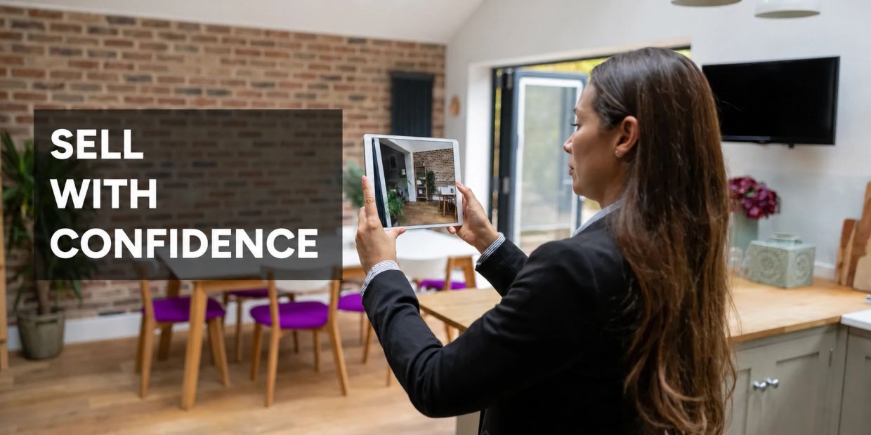 Woman using a tablet to showcase a property with text encouraging confident selling.