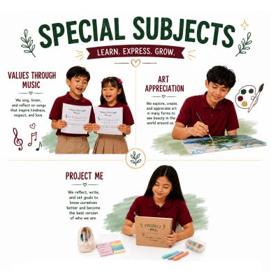Children engaging in special subjects like music, art, and self-reflection.