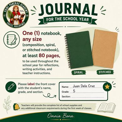 School journal requirement including a notebook with at least 80 pages.