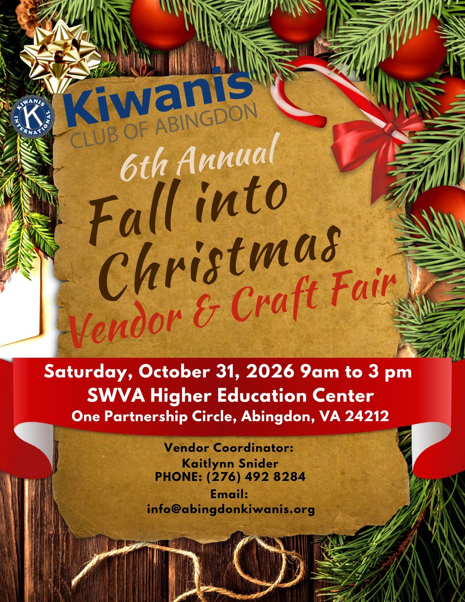 Kiwanis Club's 6th Annual Christmas Vendor &amp; Craft Fair event flyer.