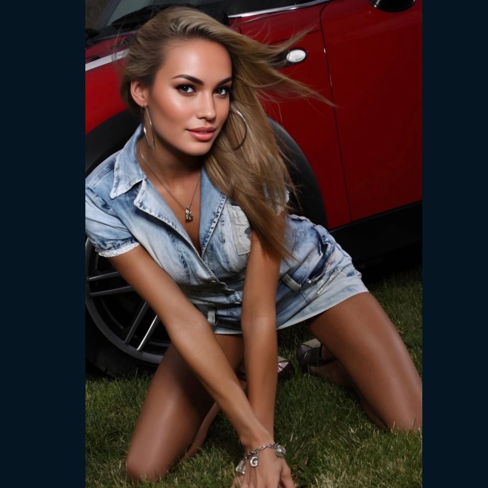 A woman in a denim dress poses confidently on grass by a red car.