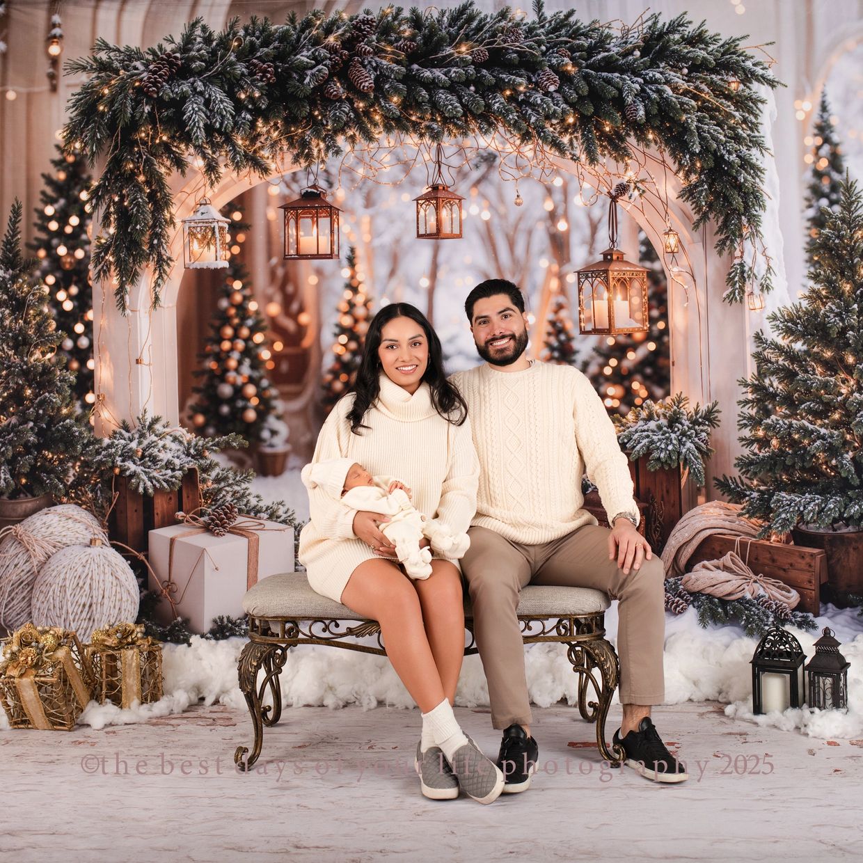 family on bench on christmas backdrop