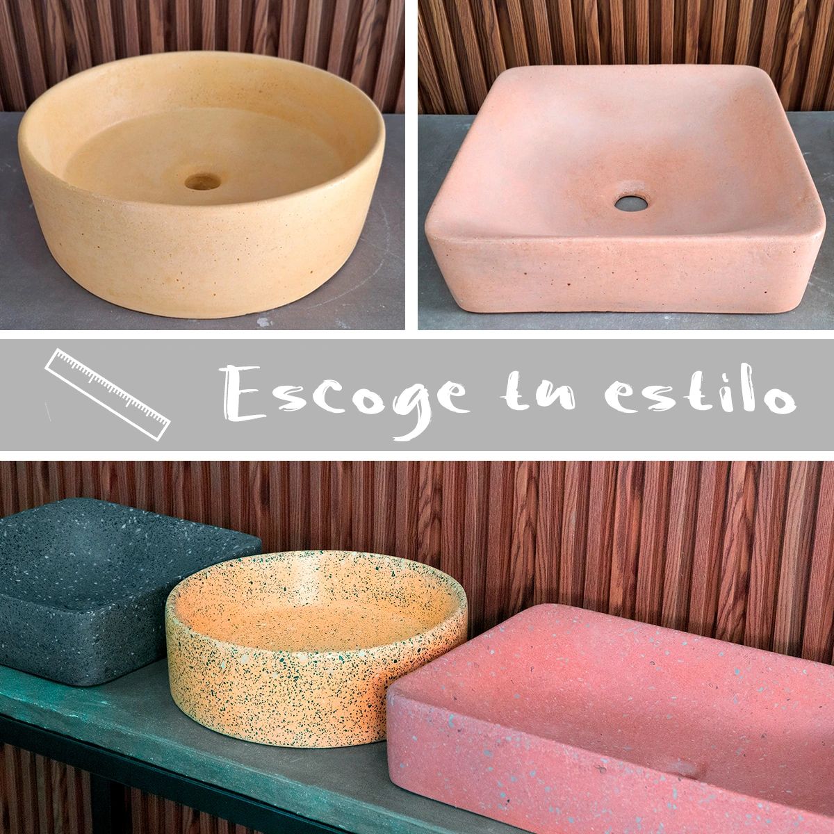 Various stylish round and square sinks in earthy tones with text 'Escoge tu estilo'.